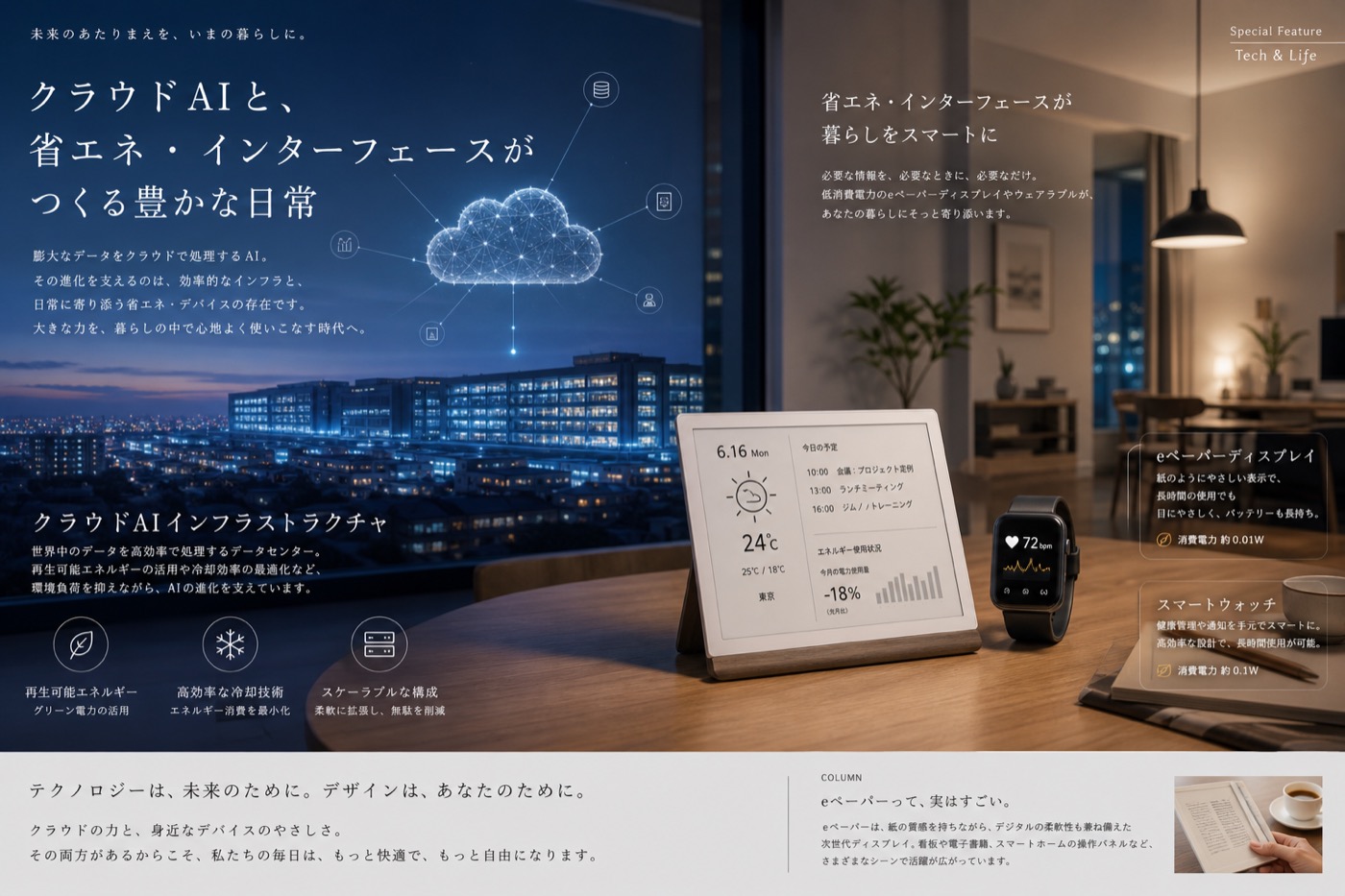 クラウド人工知能と家庭の軽量表示の対比を示すイメージ