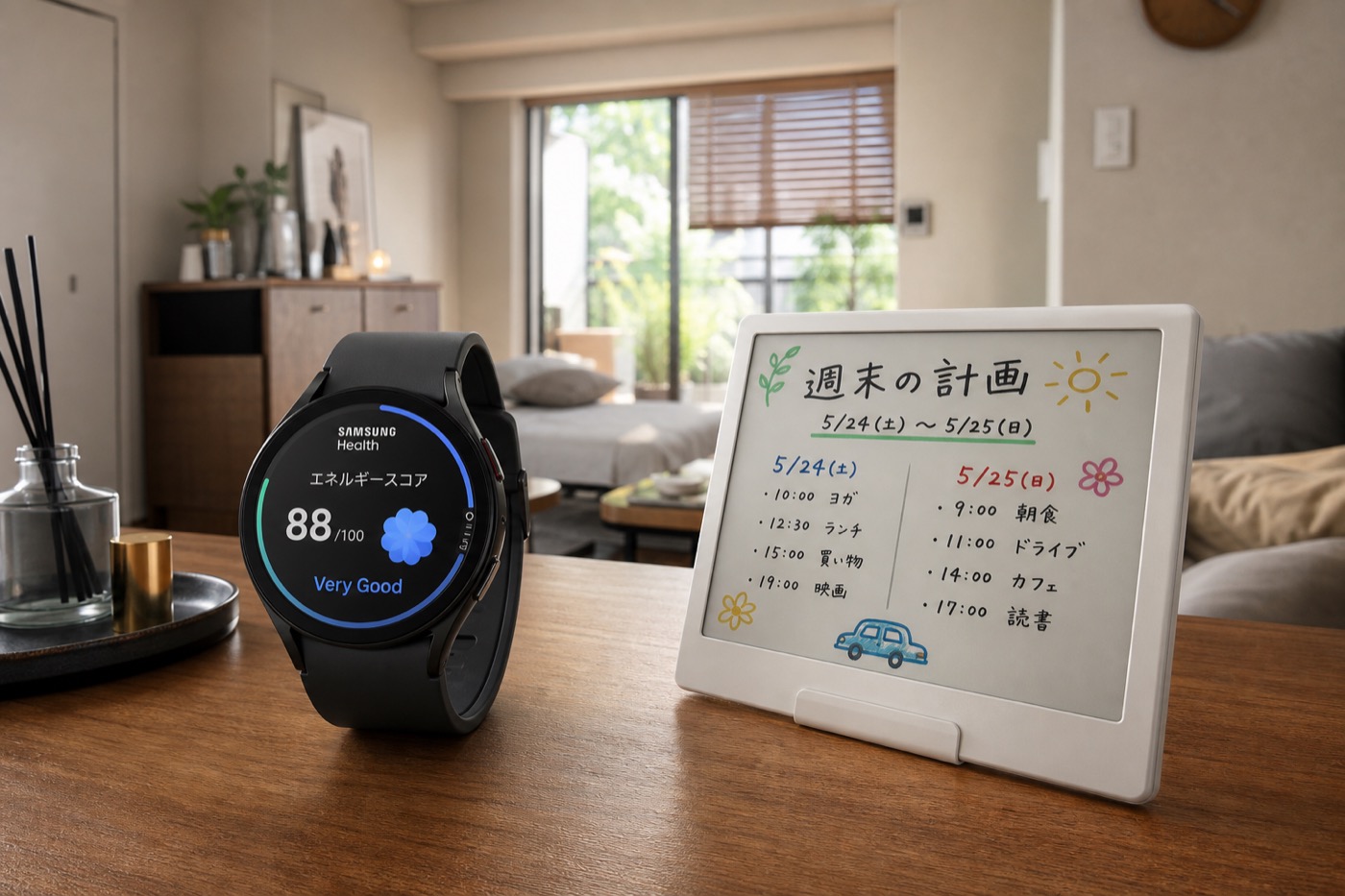 スマートウォッチと電子ペーパー表示が共存する日本のリビングのイメージ