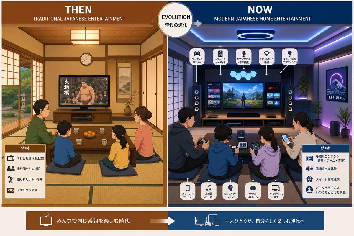 伝統的な日本のリビングとスマートホームの比較図