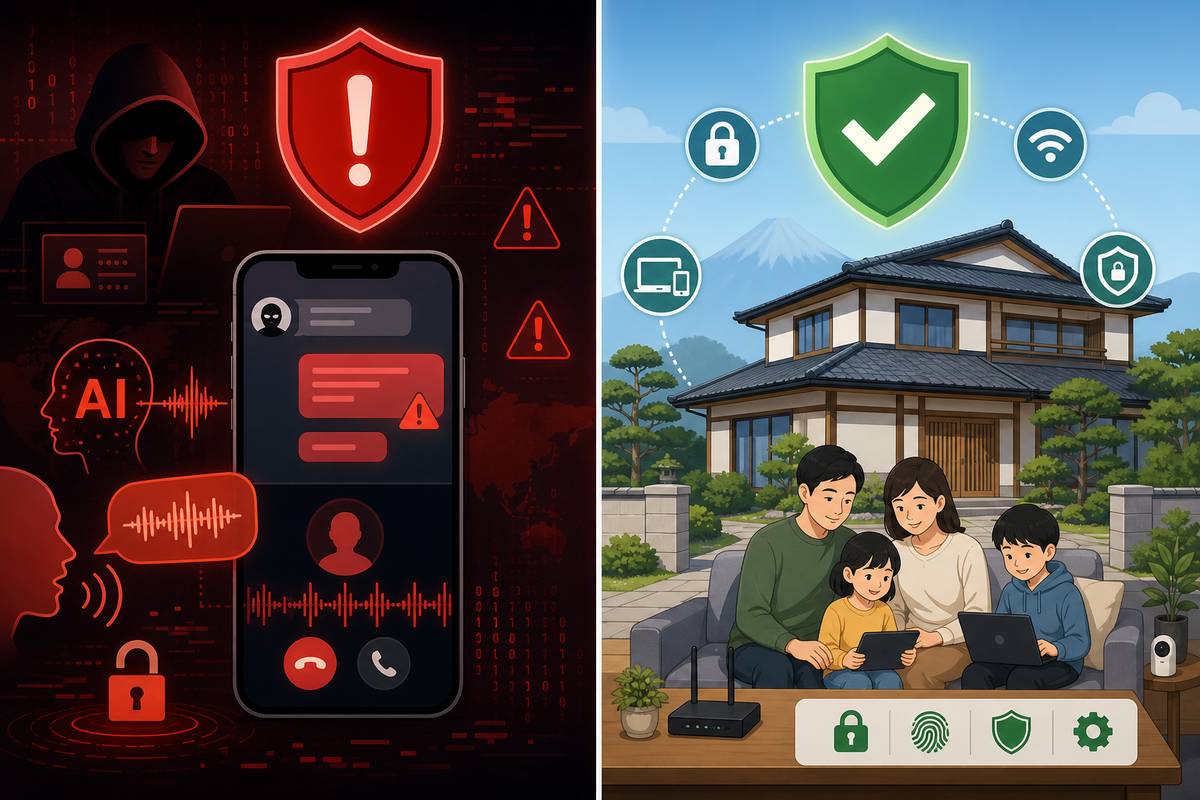 AIを使ったフィッシング攻撃とセキュリティ対策の概念図