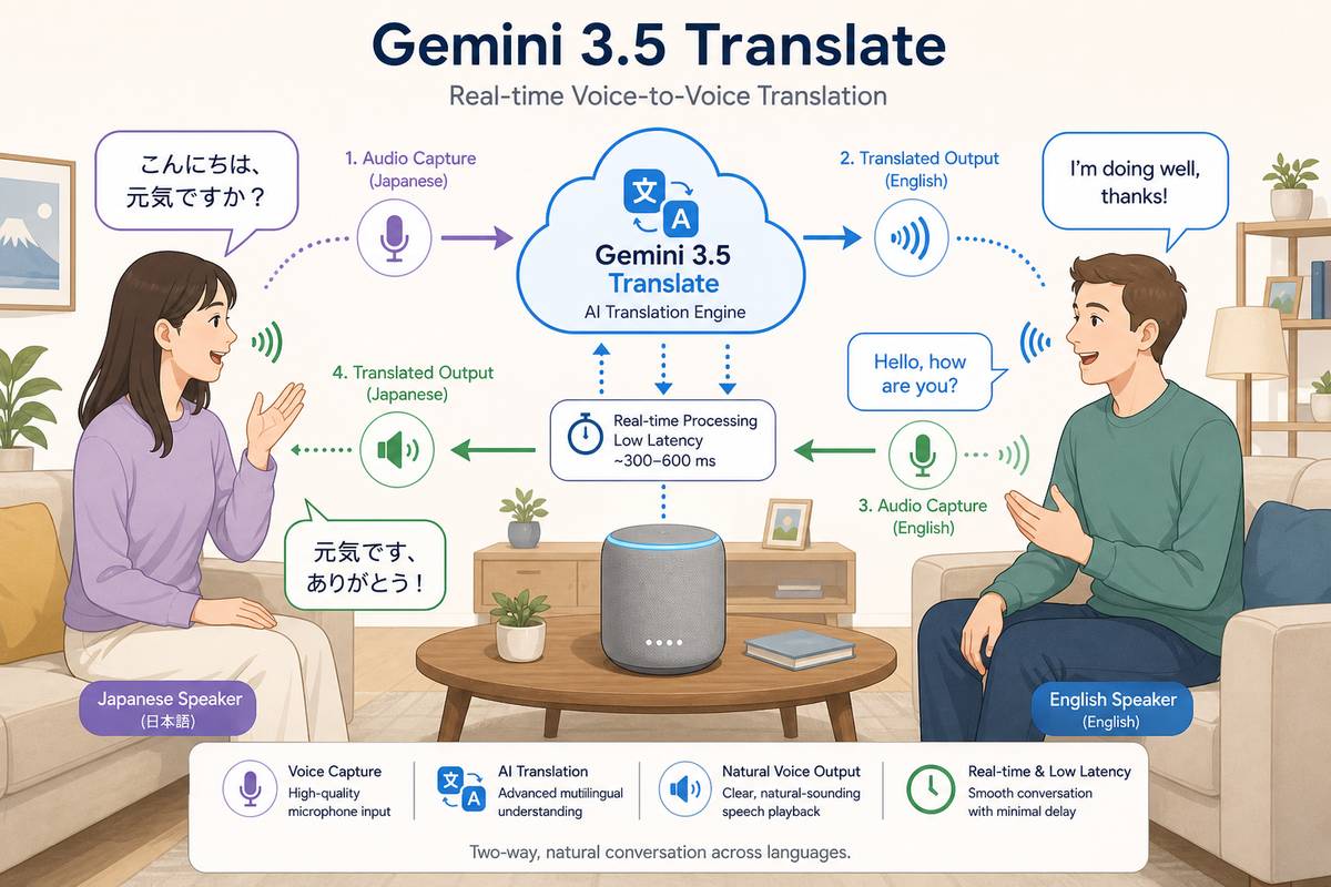 Gemini 3.5のリアルタイム翻訳フローの概念図