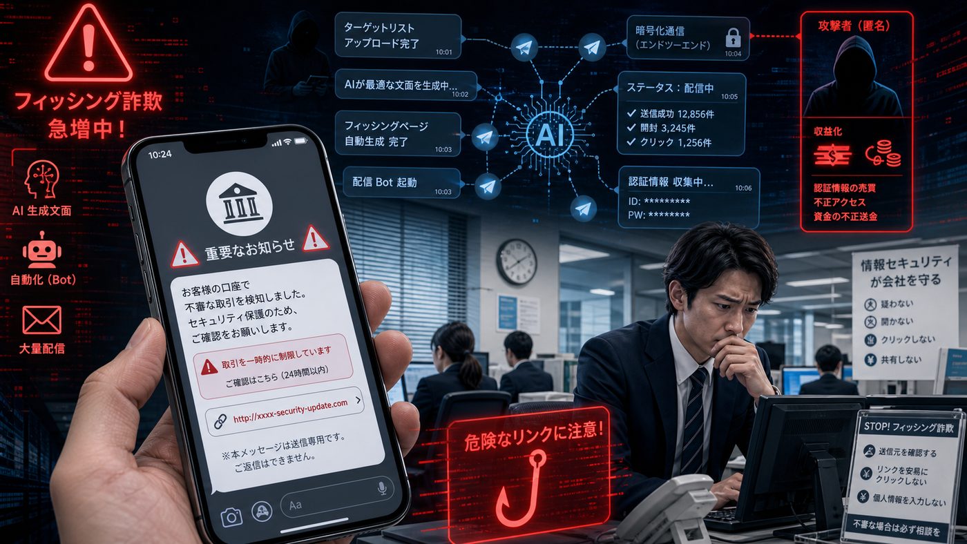 生成人工知能を使った詐欺文面と偽の通知を連想させるイメージ