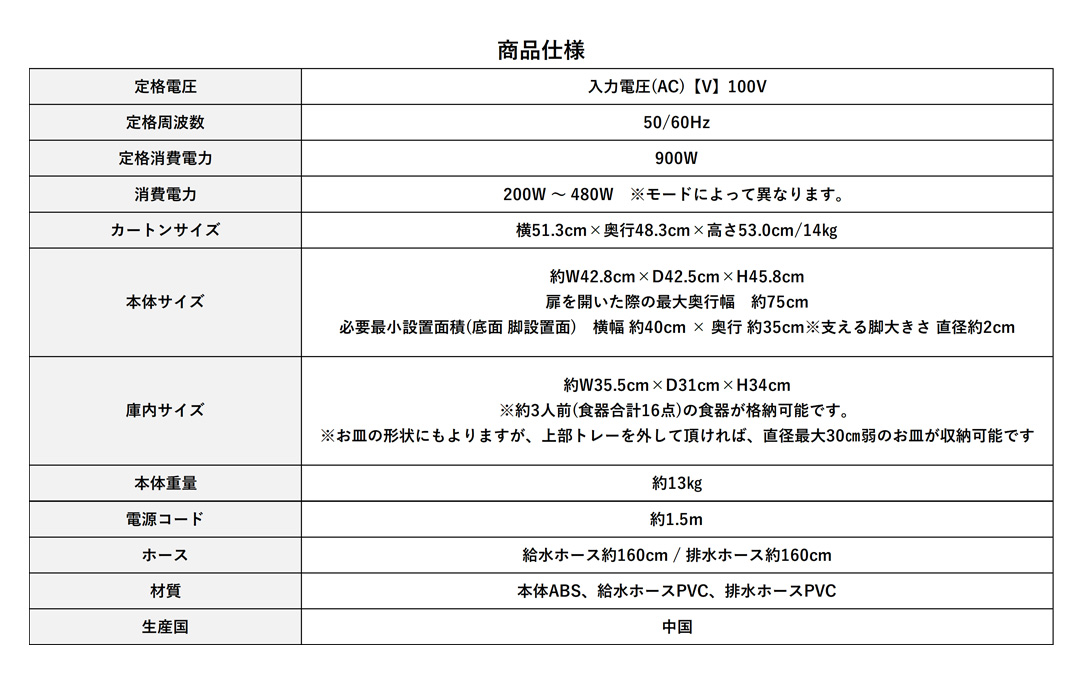 AINX AX-S3Wの寸法、電源、庫内、付属品を示す仕様画像
