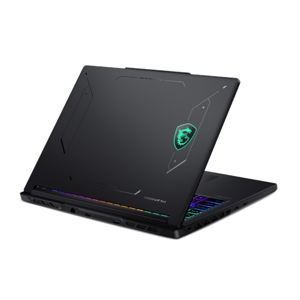 MSI Crosshair 16 Max HXの背面天板、RGBエンブレム、側面と背面の端子