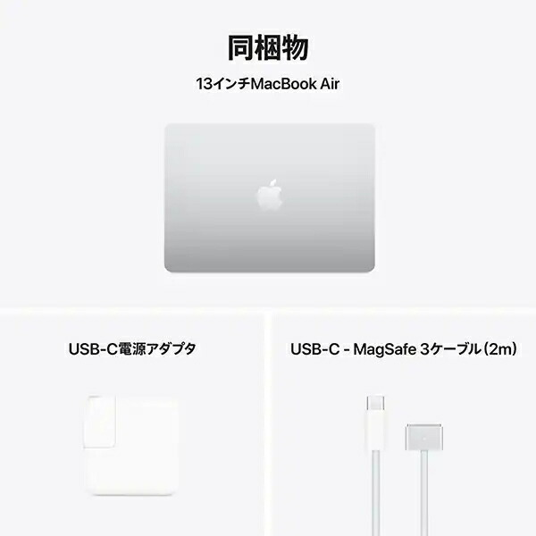 13インチMacBook Air本体、USB-C電源アダプタ、USB-CからMagSafe 3への2mケーブルを示す同梱物画像
