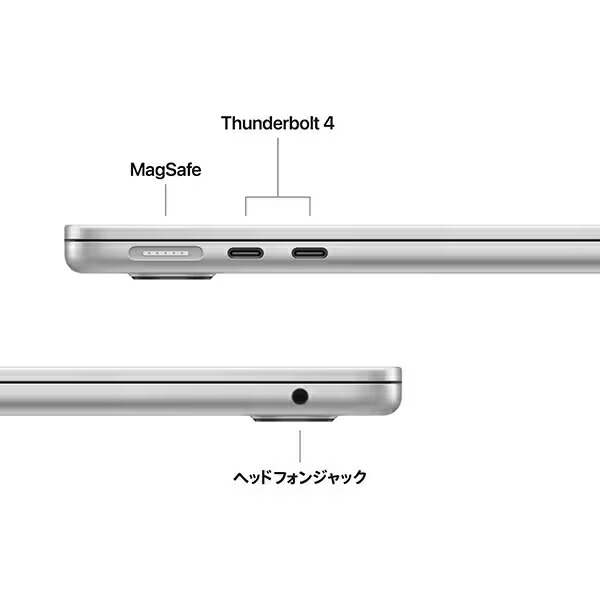 MacBook Air M4の左側にあるMagSafeと二つのThunderbolt 4、右側のヘッドフォン端子