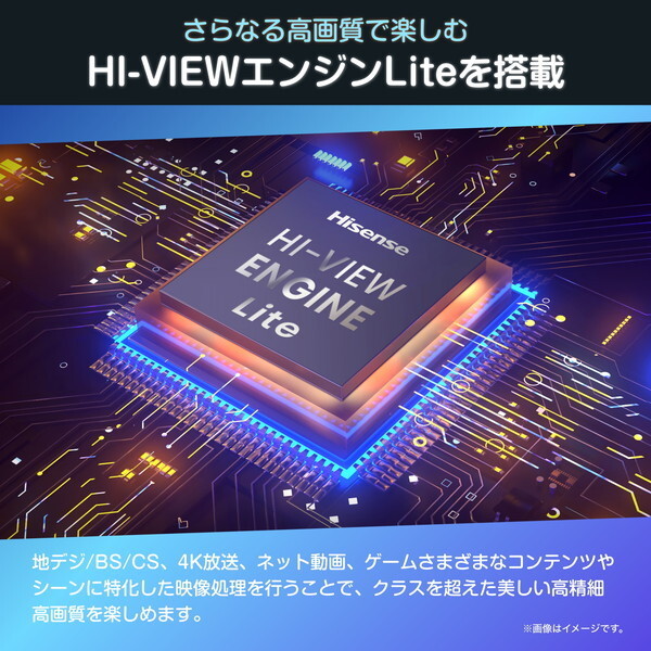 HI-VIEWエンジンLiteが地上波、4K放送、ネット動画、ゲームを処理する説明画像