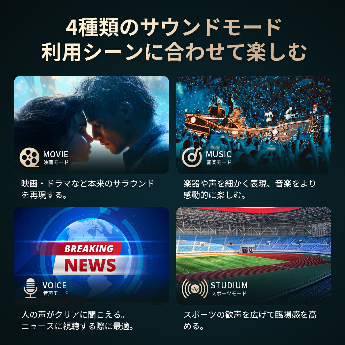 映画、音楽、音声、スタジアムの4種類を示すTAB4000のEQモード