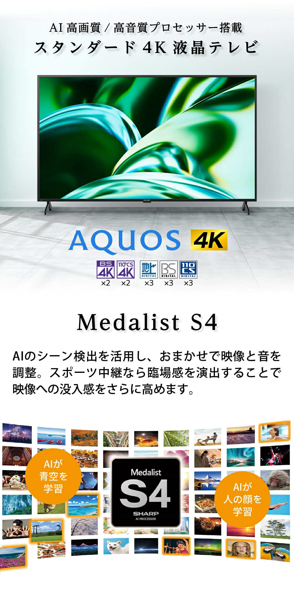 AI高画質・高音質プロセッサーMedalist S4と対応チューナーを説明する販売画像