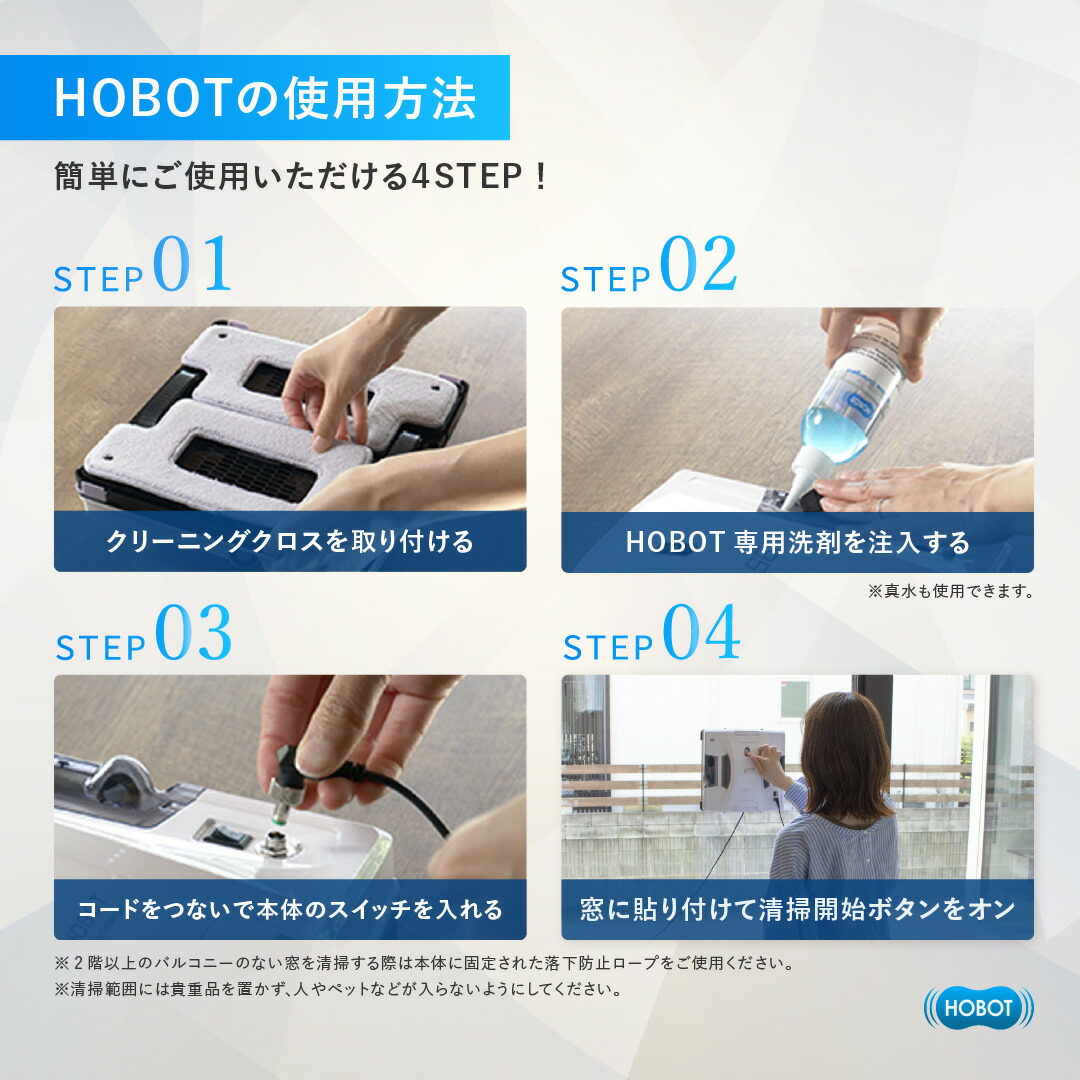 クロス装着、洗剤注入、電源接続、窓への取り付けを示すHOBOT-S7 Proの使用手順