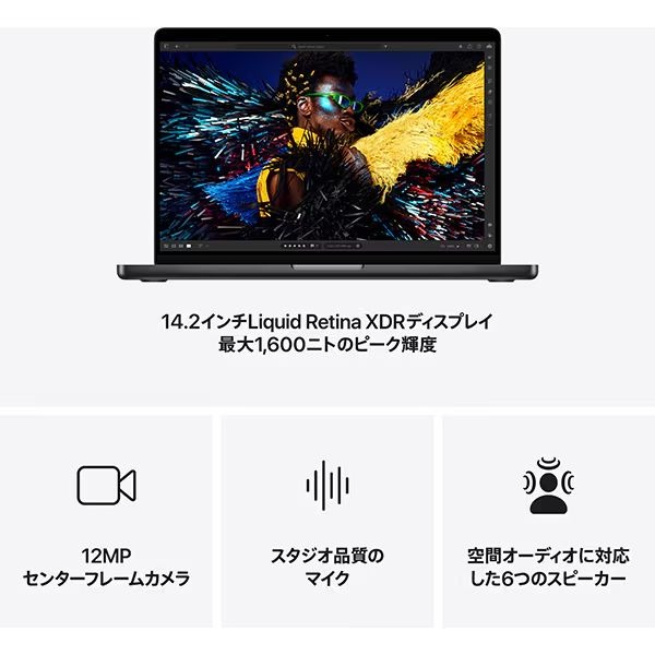 14.2インチXDR画面、12MPセンターフレームカメラ、マイク、6スピーカーを示す販売画像