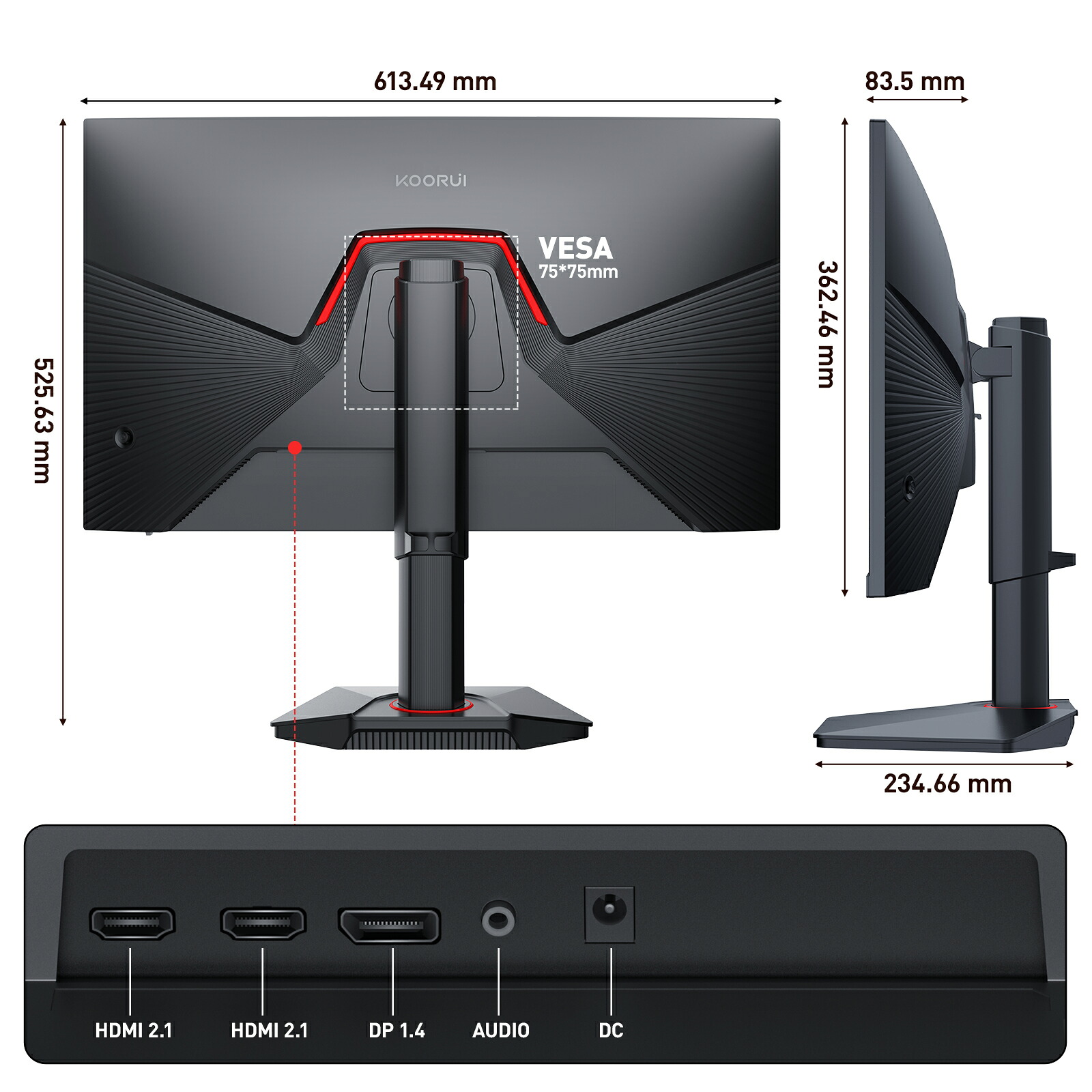 幅613.49mm、VESA 75×75mm、HDMI 2.1×2、DP 1.4、音声出力を示すG2741Lの寸法・端子画像