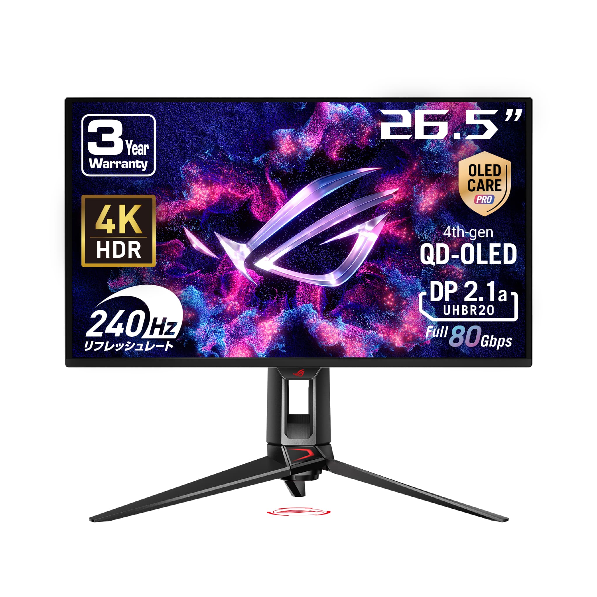 ROG Swift OLED PG27UCDMの正面と4K・240Hz・QD-OLED・DisplayPort 2.1aの主要仕様を示す販売者画像