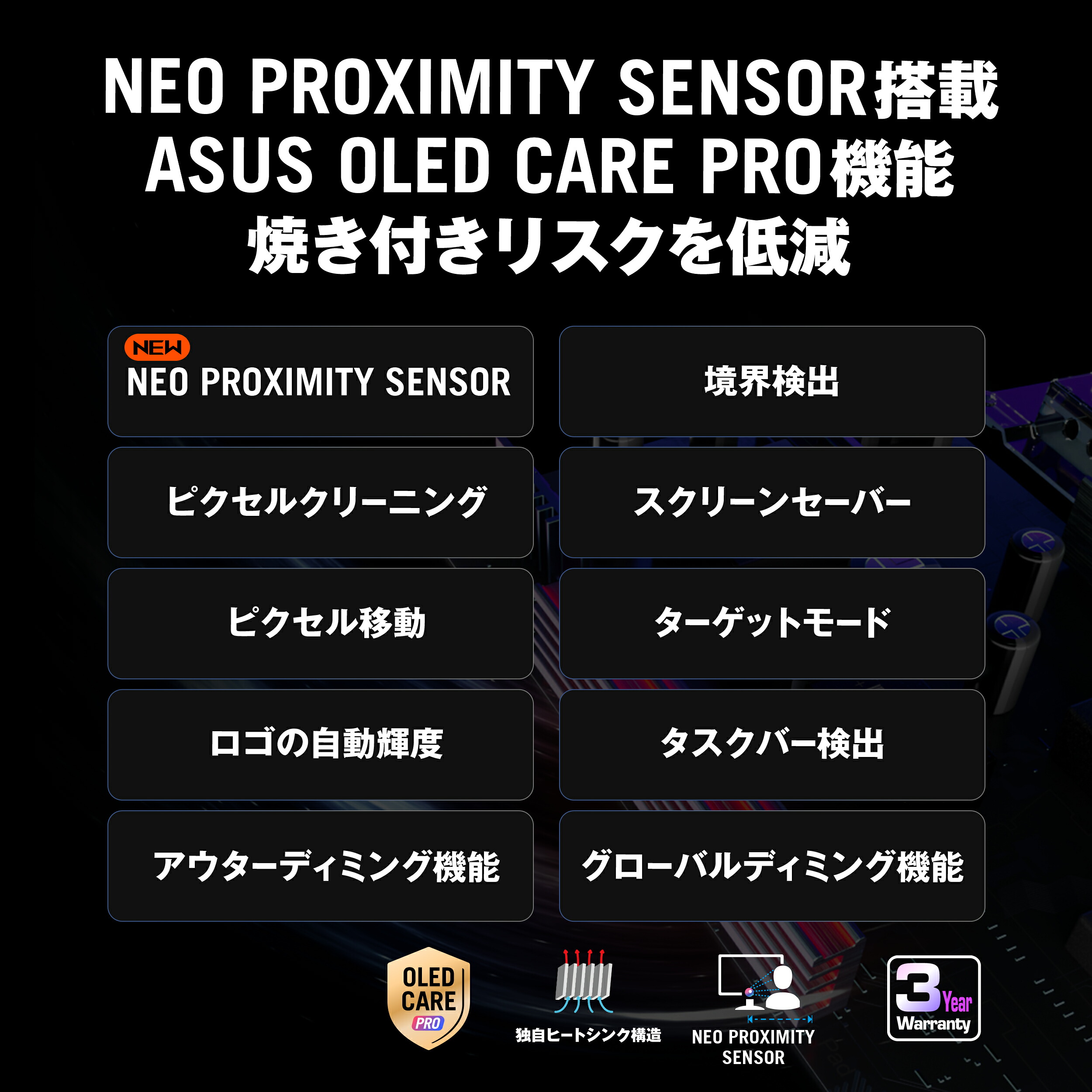 Neo Proximity SensorとOLED Care Proの焼き付き低減機能を示す販売者画像