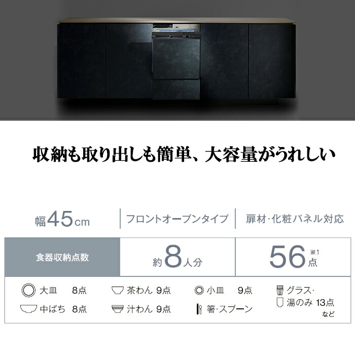 幅45cm、約8人用・56点というRSW-F403C-SVの公開収納仕様