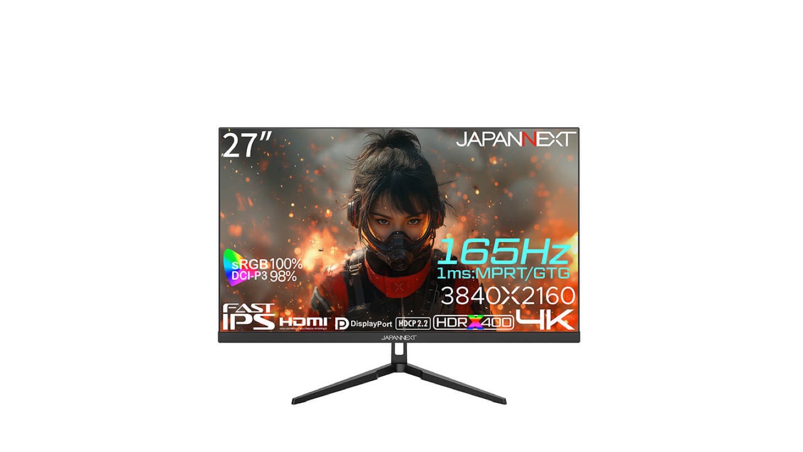 27型4K・165Hz対応のJAPANNEXT JN-IPS27G165U正面