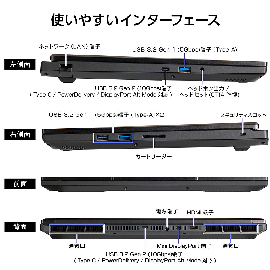 G TUNE H6-A9G7TBK-Cの左右側面と背面の端子配置を示す公式楽天市場店の商品画像