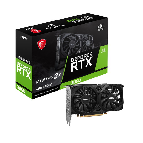 MSI GeForce RTX 3050 VENTUS 2X E 6G OCの製品箱とデュアルファンカード