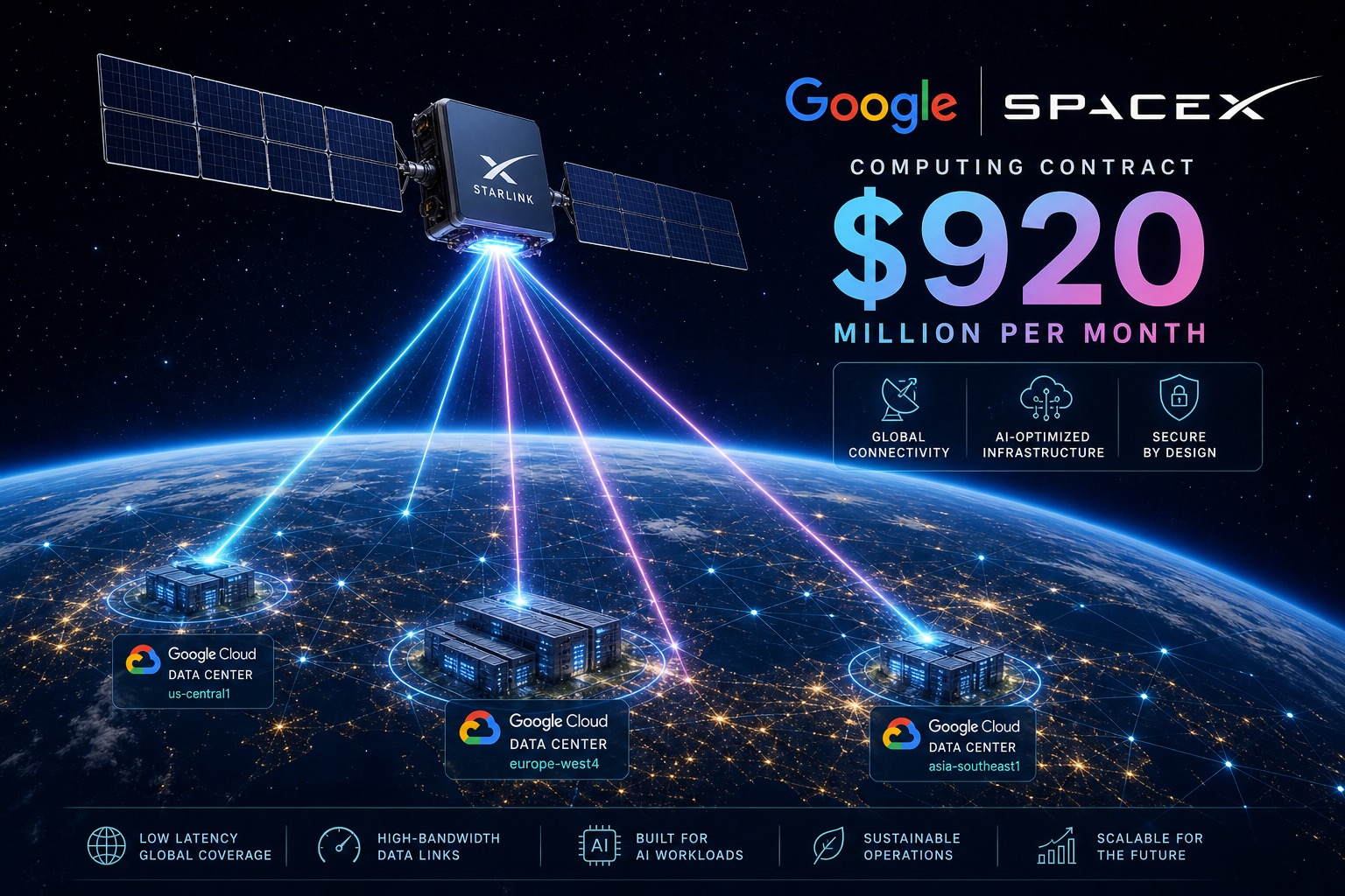 スペースX衛星と地上データセンターの接続イメージ