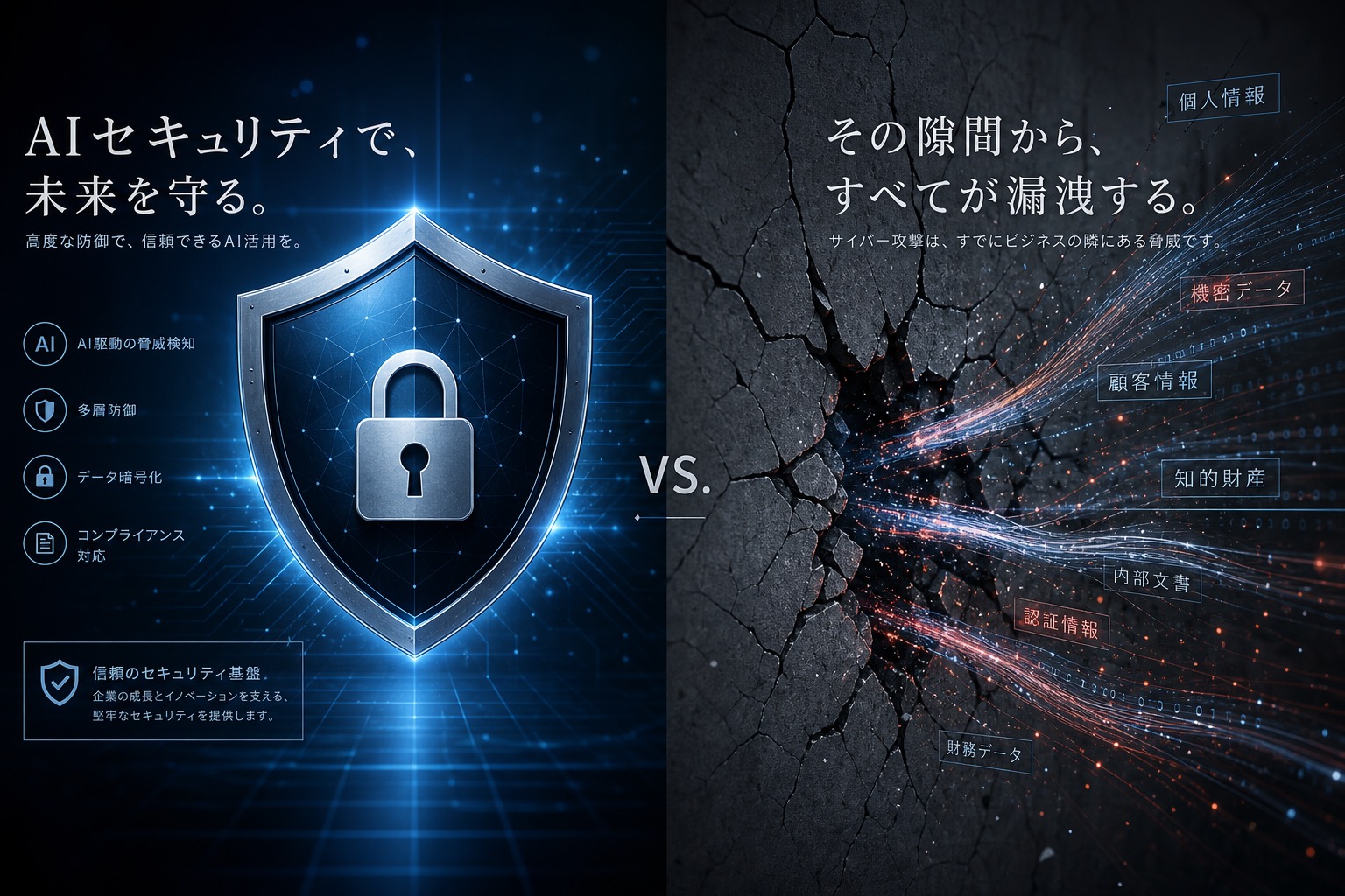 AIセキュリティとデータ侵害の対比イメージ