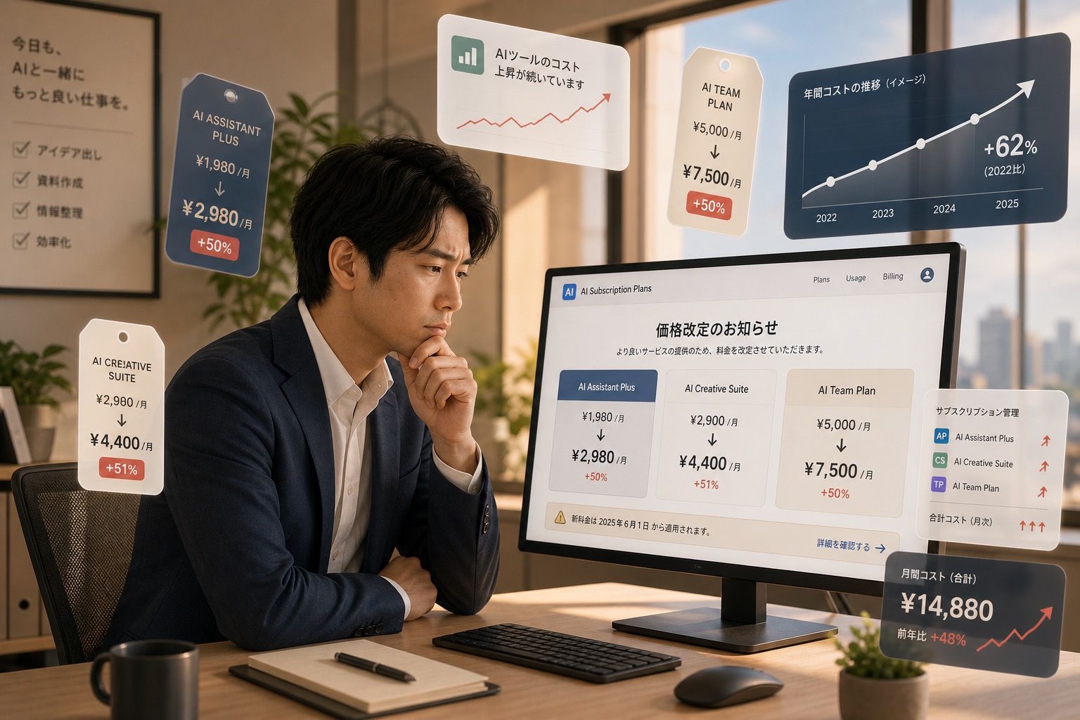 日本のオフィスでAI価格上昇を確認するビジュアル