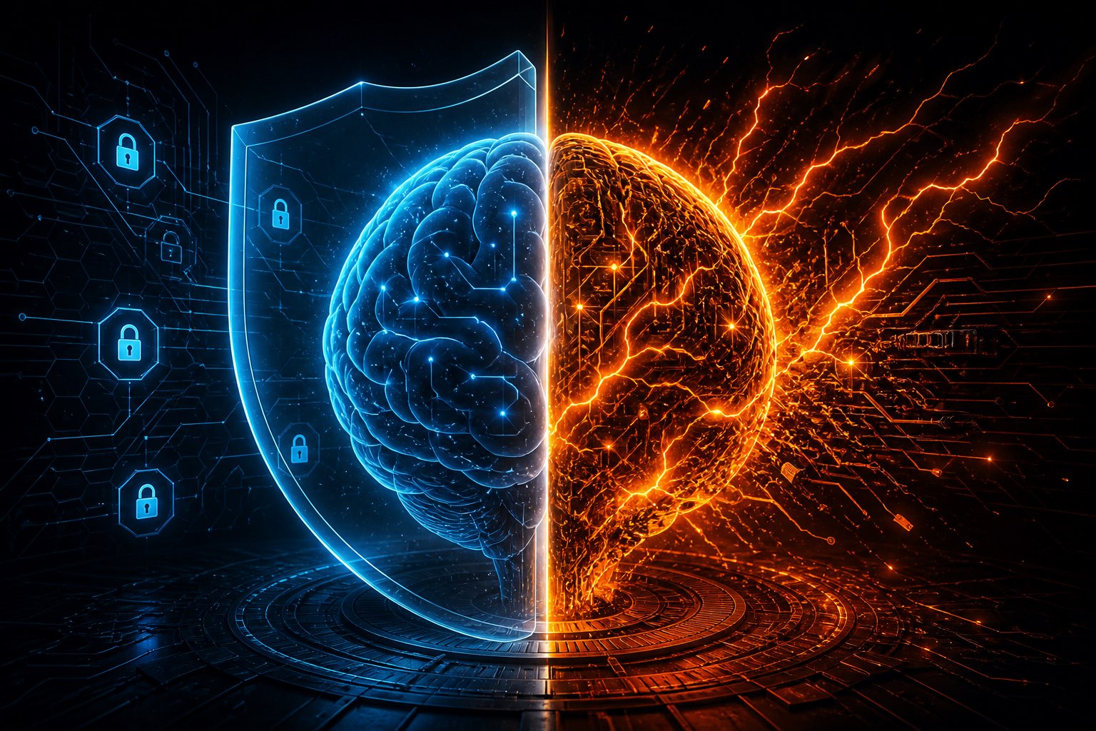 AIの二面性を示すビジュアル:保護されたAIと制限なきAIの比較
